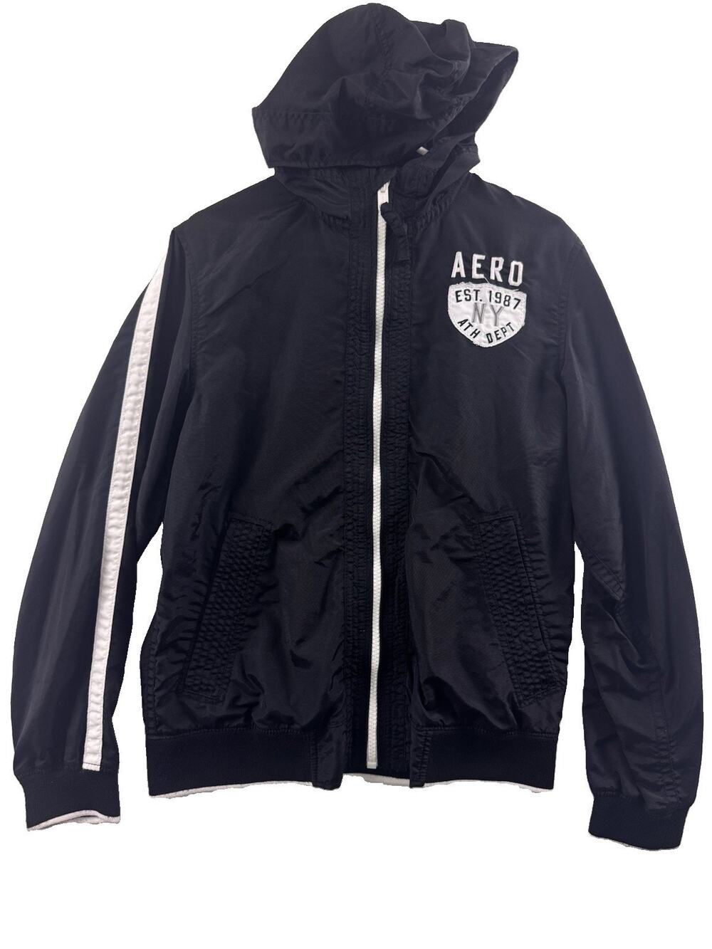 Aéropostale Womens Small Black Hooded Windbreaker Jacket Y2K Aero 1987 NY